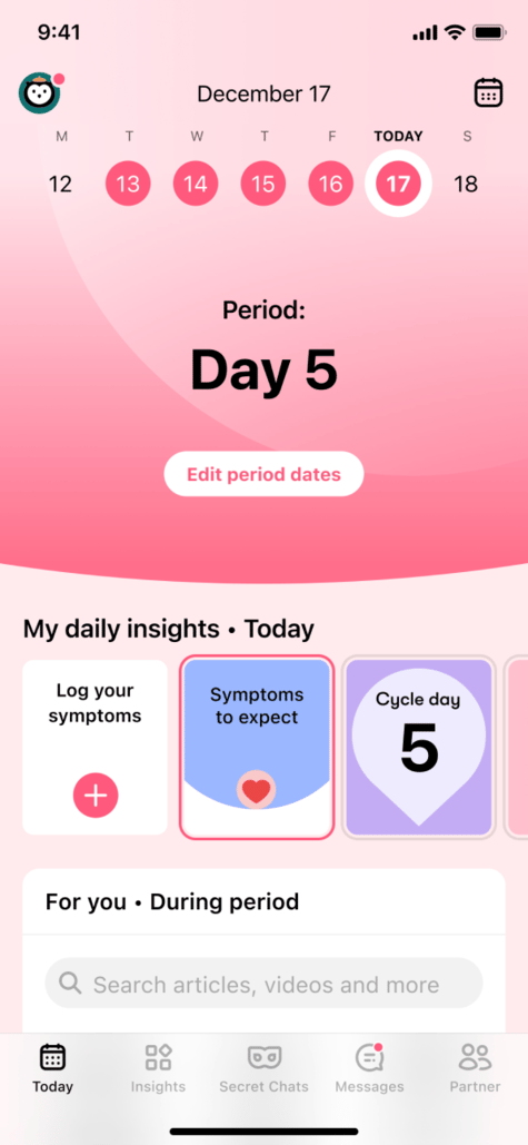 track cycle and symptoms title Screenshot of Flo app showing the cycle tracker main screen