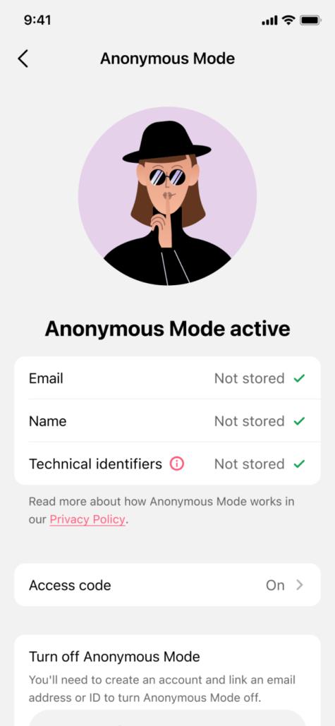 anonymous mode title Screenshot of the Flo app, showing Anonymous Mode settings