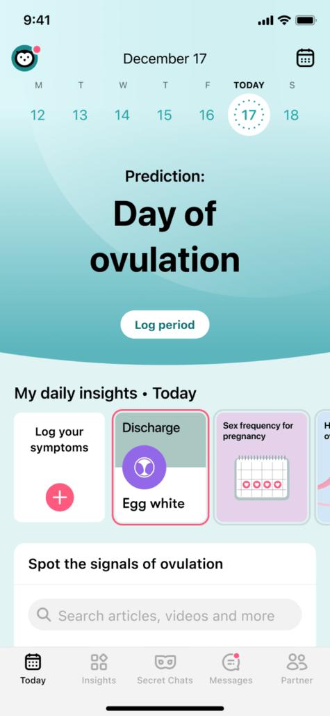 day of ovulation title Screenshot of Flo app home screen in getting pregnant mode