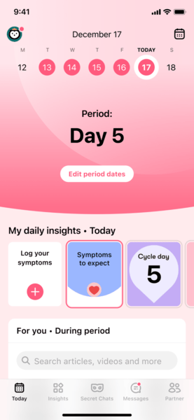 track cycle and symptoms title Screenshot of Flo app showing the cycle tracker main screen