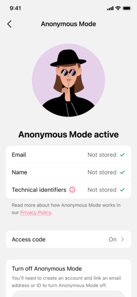 anonymous mode title Screenshot of the Flo app, showing Anonymous Mode settings