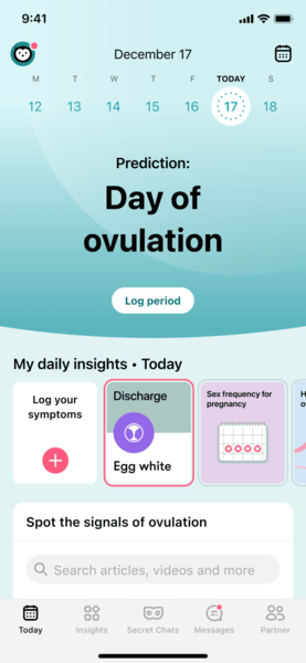 day of ovulation title Screenshot of Flo app home screen in getting pregnant mode