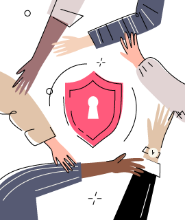 Illustration of people's arms around a pink shield