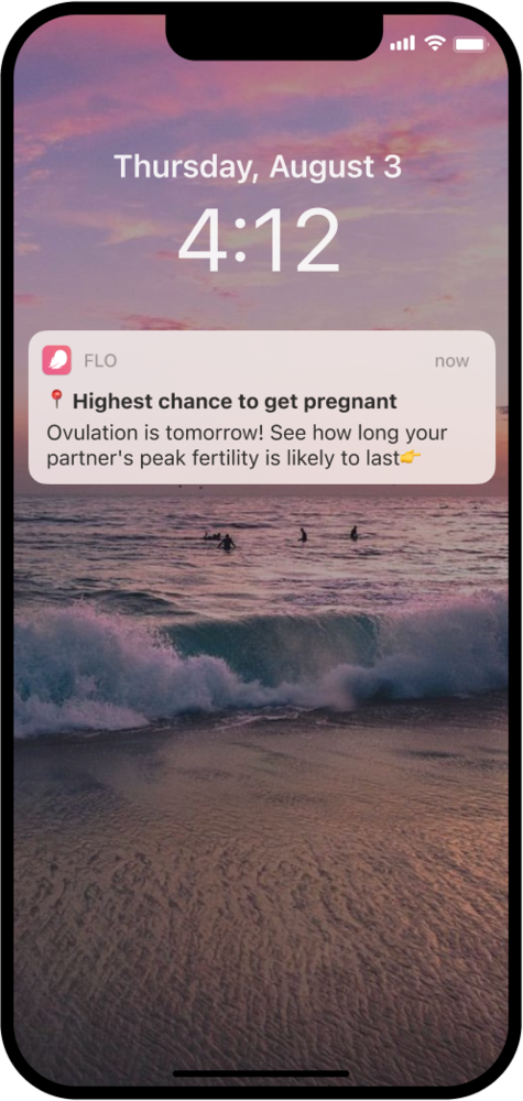 Screenshot of a notification from Flo app partner mode indicating that ovulation is near